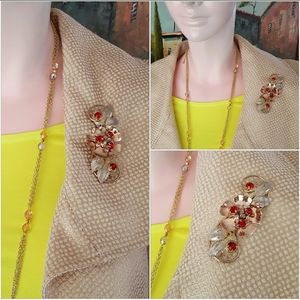 Vintage Sterling Floral Brooch w/Crimson Crystals